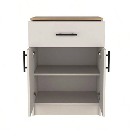 Pantry Organizer Cabinet 33 H, One Drawer, Two Interior Shelves, Two Doors, Ivory/ Natural Oak