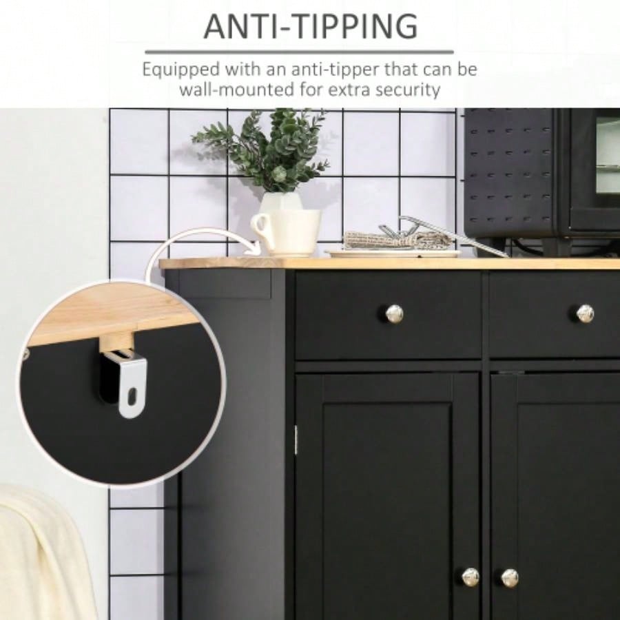 HOMCOM Sideboard with Solid Wood Countertop, Modern Kitchen Storage Cabinet, Coffee Bar Cabinet with 3 Drawers, Doors and Adjustable Shelf, Black