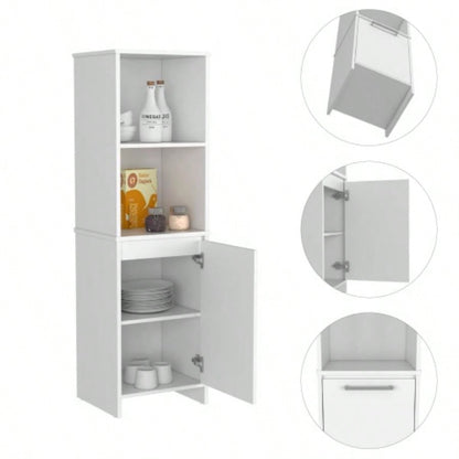 Kitchen Pantry 59 H, Two Open Storage Shelves, Single Door Cabinet, Two Interior Shelves, White