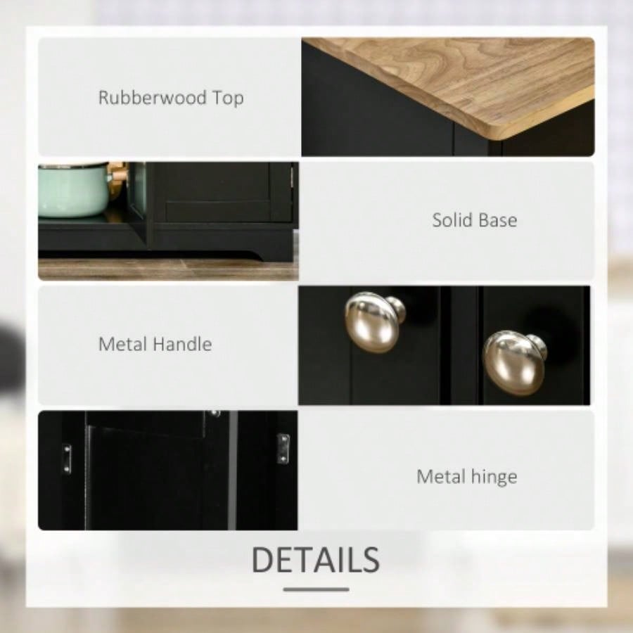 HOMCOM Sideboard with Solid Wood Countertop, Modern Kitchen Storage Cabinet, Coffee Bar Cabinet with 3 Drawers, Doors and Adjustable Shelf, Black