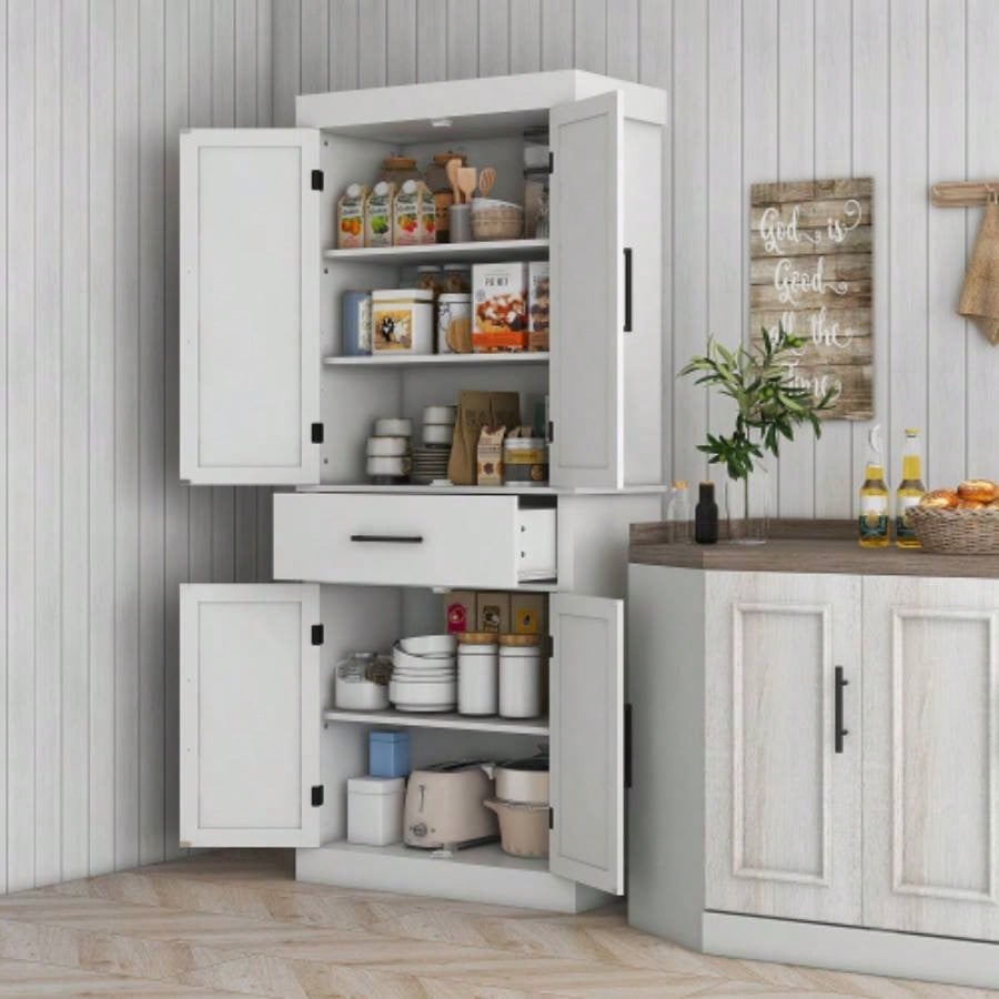 HOMCOM 72 Tall Kitchen Pantry Storage Cabinet, Farmhouse Freestanding Kitchen Cabinet with 4 Barn Doors, Drawer, 5 - Tier Shelf and Adjustable Shelves, White