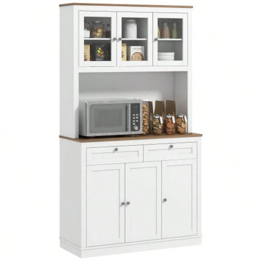 HOMCOM 71 Tall Kitchen Pantry Storage Cabinet with Microwave Stand, Freestanding Buffet with Hutch, 2 Drawers, 5 Doors, Adjustable Shelves and Glass Doors Kitchen, Dining Room, White