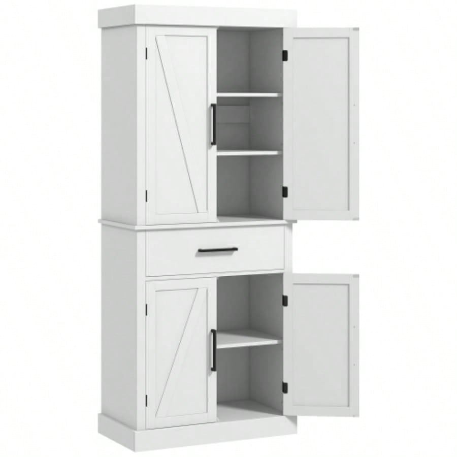 HOMCOM 72 Tall Kitchen Pantry Storage Cabinet, Farmhouse Freestanding Kitchen Cabinet with 4 Barn Doors, Drawer, 5 - Tier Shelf and Adjustable Shelves, White