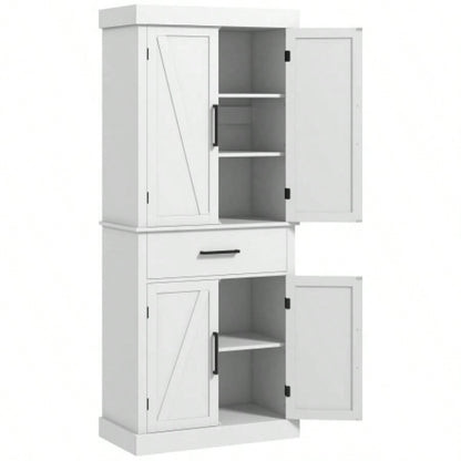 HOMCOM 72 Tall Kitchen Pantry Storage Cabinet, Farmhouse Freestanding Kitchen Cabinet with 4 Barn Doors, Drawer, 5 - Tier Shelf and Adjustable Shelves, White