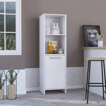 Kitchen Pantry 59 H, Two Open Storage Shelves, Single Door Cabinet, Two Interior Shelves, White