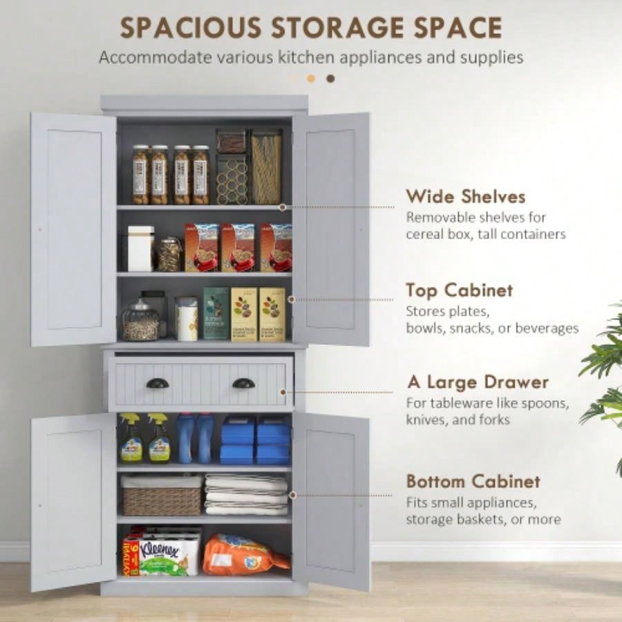 HOMCOM 72 Kitchen Pantry Storage Cabinet, Traditional Freestanding Cabinet with 4 Doors and 3 Adjustable Shelves, Large Central Drawer, Beadboard, Gray