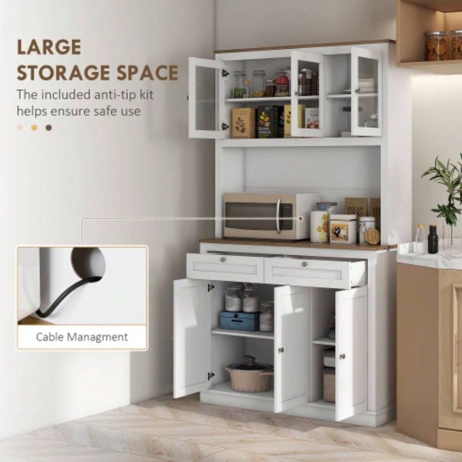 HOMCOM 71 Tall Kitchen Pantry Storage Cabinet with Microwave Stand, Freestanding Buffet with Hutch, 2 Drawers, 5 Doors, Adjustable Shelves and Glass Doors Kitchen, Dining Room, White