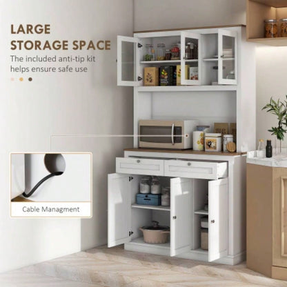 HOMCOM 71 Tall Kitchen Pantry Storage Cabinet with Microwave Stand, Freestanding Buffet with Hutch, 2 Drawers, 5 Doors, Adjustable Shelves and Glass Doors Kitchen, Dining Room, White