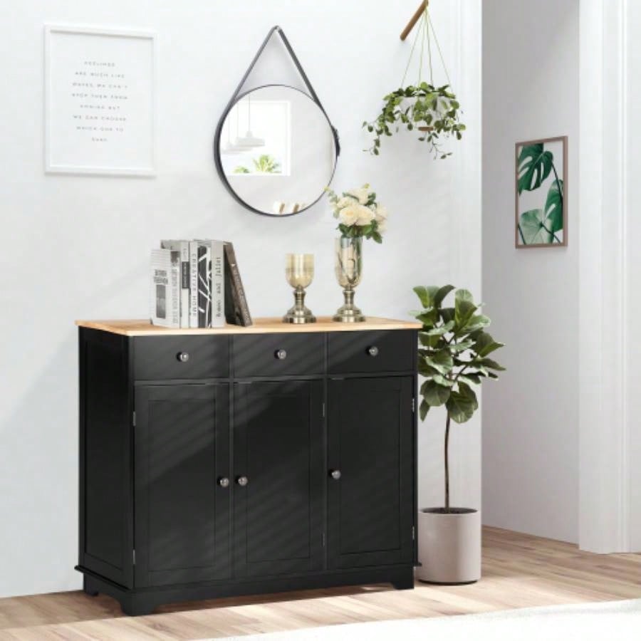 HOMCOM Sideboard with Solid Wood Countertop, Modern Kitchen Storage Cabinet, Coffee Bar Cabinet with 3 Drawers, Doors and Adjustable Shelf, Black
