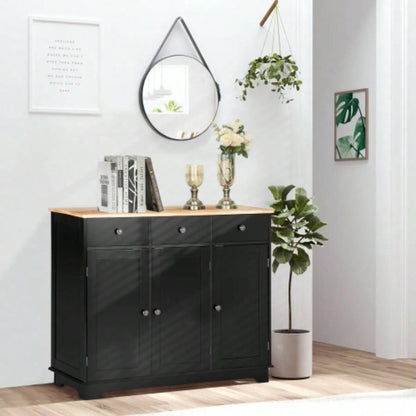 HOMCOM Sideboard with Solid Wood Countertop, Modern Kitchen Storage Cabinet, Coffee Bar Cabinet with 3 Drawers, Doors and Adjustable Shelf, Black