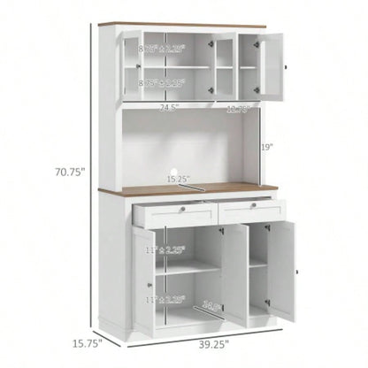 HOMCOM 71 Tall Kitchen Pantry Storage Cabinet with Microwave Stand, Freestanding Buffet with Hutch, 2 Drawers, 5 Doors, Adjustable Shelves and Glass Doors Kitchen, Dining Room, White