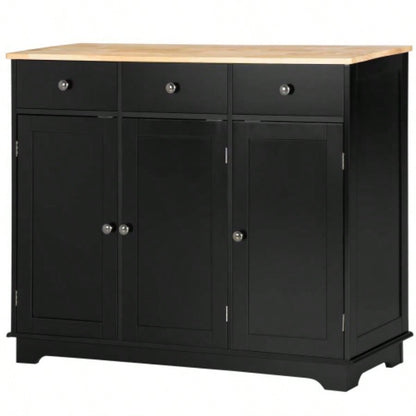 HOMCOM Sideboard with Solid Wood Countertop, Modern Kitchen Storage Cabinet, Coffee Bar Cabinet with 3 Drawers, Doors and Adjustable Shelf, Black