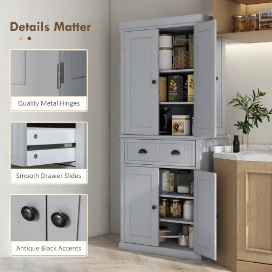 HOMCOM 72 Kitchen Pantry Storage Cabinet, Traditional Freestanding Cabinet with 4 Doors and 3 Adjustable Shelves, Large Central Drawer, Beadboard, Gray