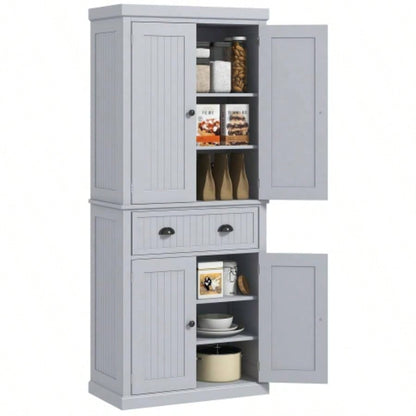 HOMCOM 72 Kitchen Pantry Storage Cabinet, Traditional Freestanding Cabinet with 4 Doors and 3 Adjustable Shelves, Large Central Drawer, Beadboard, Gray