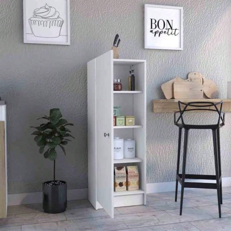Kitchen Pantry 47 H, One Door Cabinet, Four Interior Shelves, White