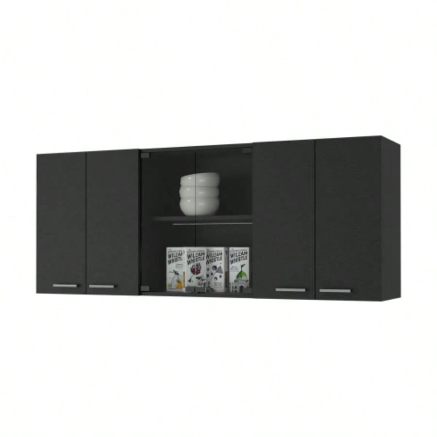 Shelton 59 - inch Two Center Glass Doors Wall Cabinet Black Wengue