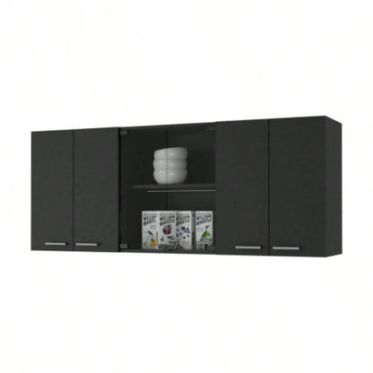 Shelton 59 - inch Two Center Glass Doors Wall Cabinet Black Wengue