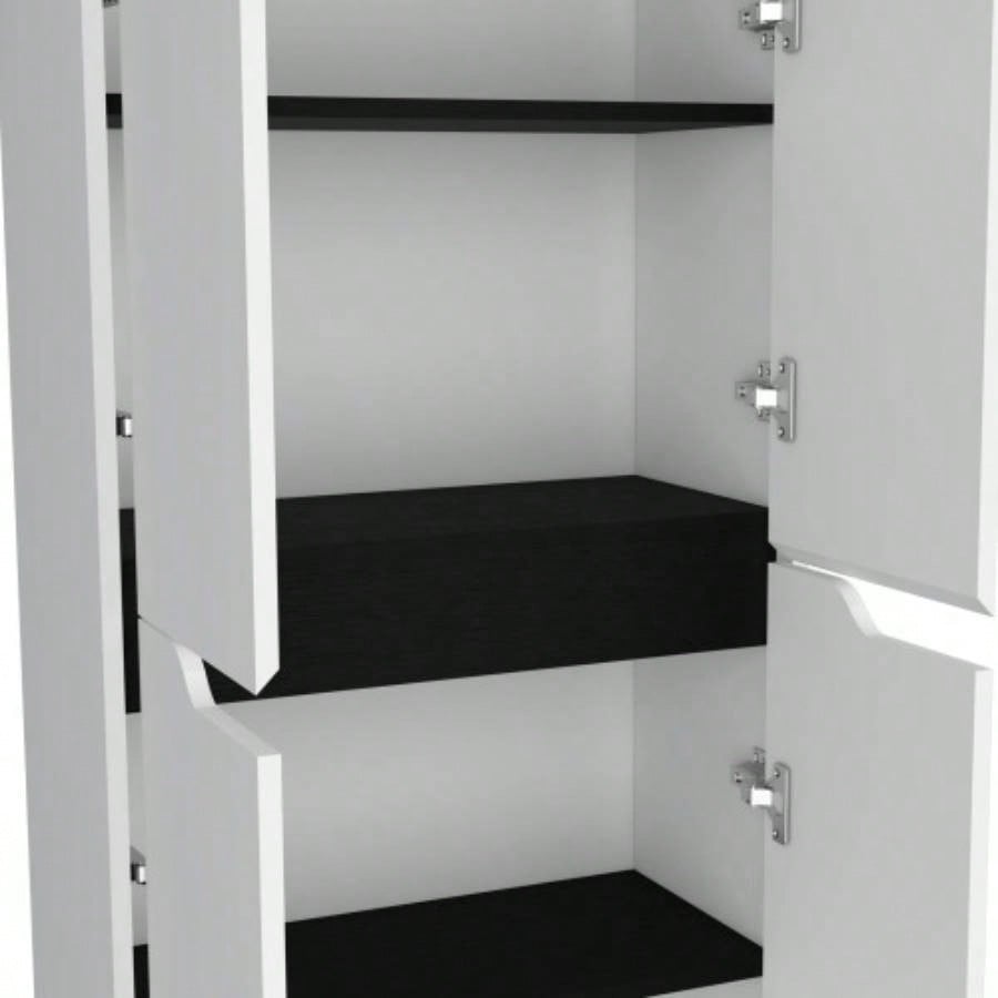 67H Kitchen Storage Cabinet, with Four Doors and Five Interior Shelves, White/Black