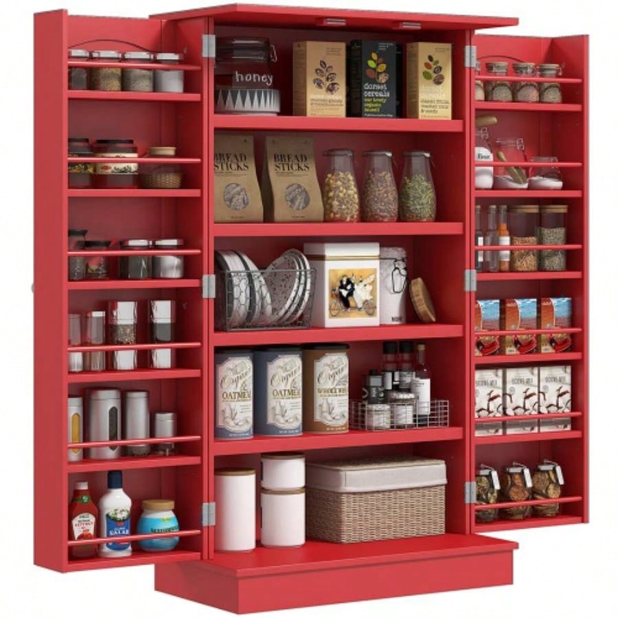 HOMCOM 41 Kitchen Pantry Storage Cabinet, Freestanding Kitchen Cabinet with 12 Door Shelves, Double Doors, 5 - tier Shelving and Adjustable Shelves, Red
