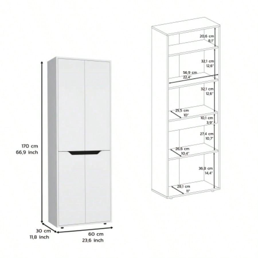 67H Kitchen Storage Cabinet, with Four Doors and Five Interior Shelves, White/Black