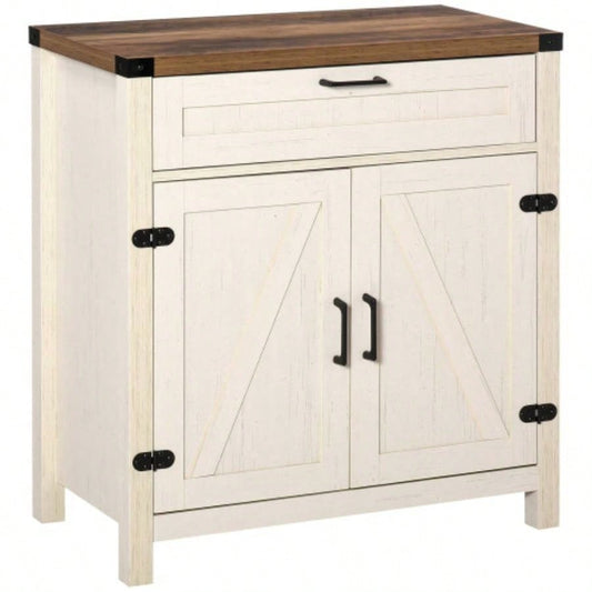 HOMCOM Farmhouse Sideboard Buffet Cabinet, Rustic 2 Barn Doors Kitchen Cabinet, Accent Cabinet with Storage Living Room, White