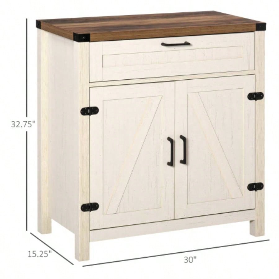 HOMCOM Farmhouse Sideboard Buffet Cabinet, Rustic 2 Barn Doors Kitchen Cabinet, Accent Cabinet with Storage Living Room, White