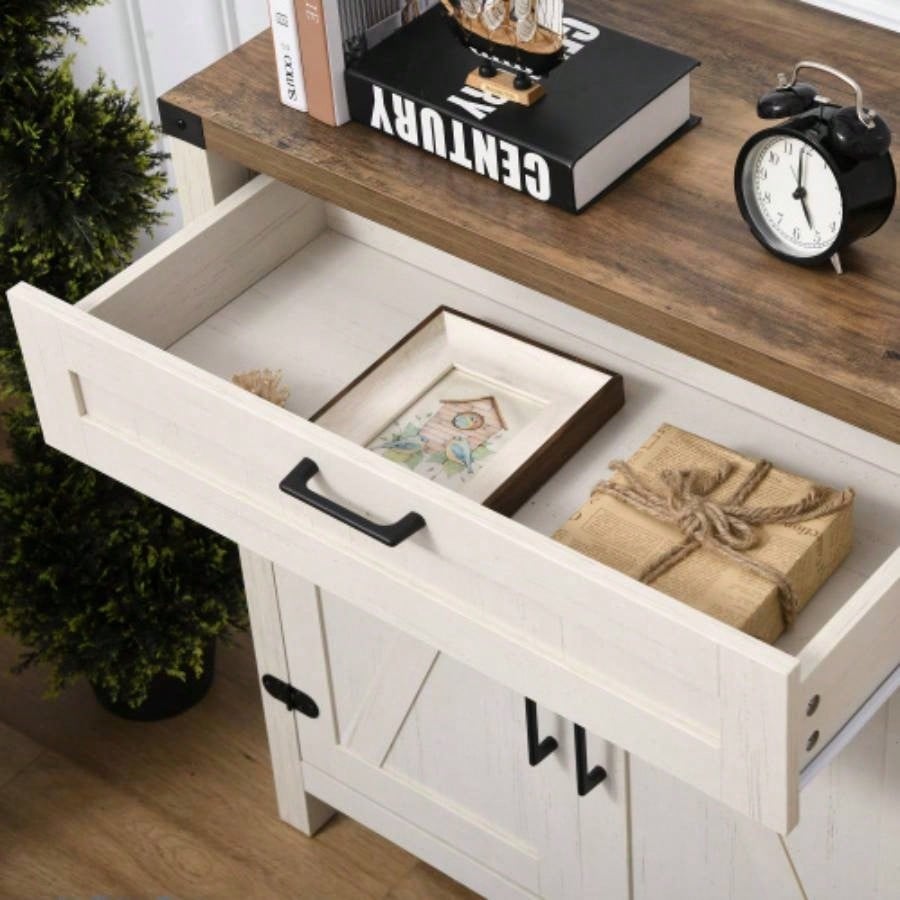 HOMCOM Farmhouse Sideboard Buffet Cabinet, Rustic 2 Barn Doors Kitchen Cabinet, Accent Cabinet with Storage Living Room, White