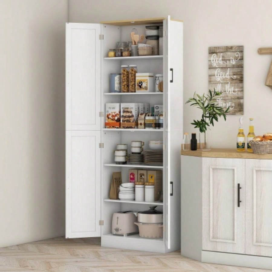 HOMCOM 67 Freestanding Kitchen Pantry, 4 - Door Storage Cabinet Organizer with Adjustable Shelves, Kitchen Cabinet with Doors and Shelves, Distressed White