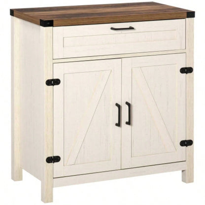 HOMCOM Farmhouse Sideboard Buffet Cabinet, Rustic 2 Barn Doors Kitchen Cabinet, Accent Cabinet with Storage Living Room, White