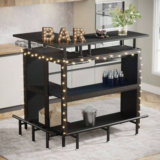 36x 48 L - Shaped Home Bar Unit with Footrest - Modern Corner Liquor Cabinet with 2 - Tier Shelves Glass Racks, Industrial Black Bar Table Home, Kitchen, or Pub