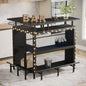 36x 48 L - Shaped Home Bar Unit with Footrest - Modern Corner Liquor Cabinet with 2 - Tier Shelves Glass Racks, Industrial Black Bar Table Home, Kitchen, or Pub