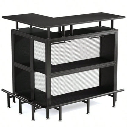 36x 48 L - Shaped Home Bar Unit with Footrest - Modern Corner Liquor Cabinet with 2 - Tier Shelves Glass Racks, Industrial Black Bar Table Home, Kitchen, or Pub