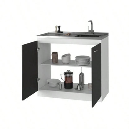 Utility Sink, Double Door Cabinet, Stainless Steel Countertop