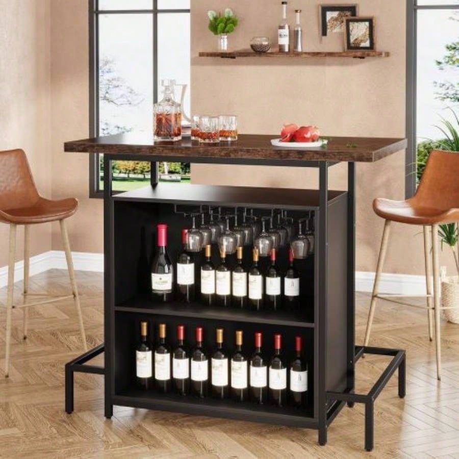 48x 20 Industrial Home Bar Unit with 3 - Tier Storage 4 Wine Glass Racks - Rustic Pub Table, Liquor Bar Cabinet with Footrest Kitchen, Living Room, Bistro, Home Pub - Black Brown