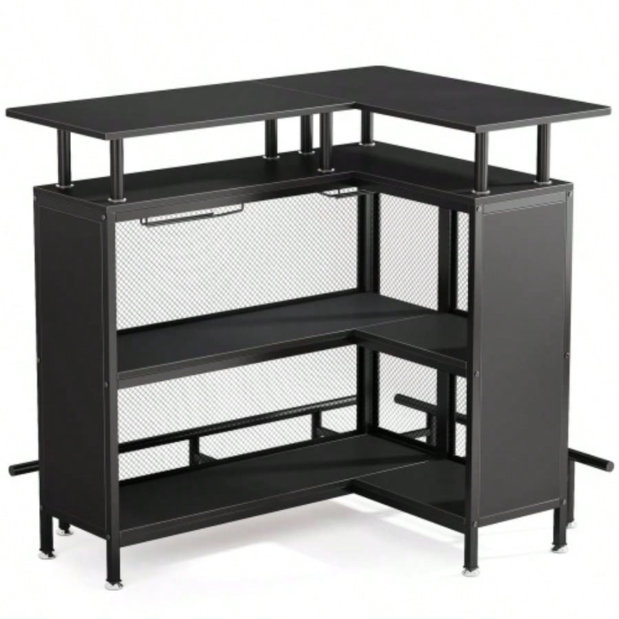 36x 48 L - Shaped Home Bar Unit with Footrest - Modern Corner Liquor Cabinet with 2 - Tier Shelves Glass Racks, Industrial Black Bar Table Home, Kitchen, or Pub