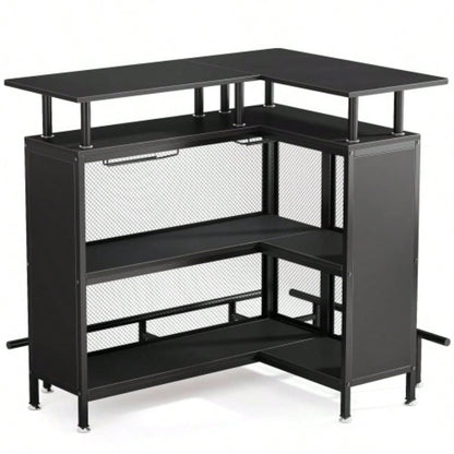 36x 48 L - Shaped Home Bar Unit with Footrest - Modern Corner Liquor Cabinet with 2 - Tier Shelves Glass Racks, Industrial Black Bar Table Home, Kitchen, or Pub