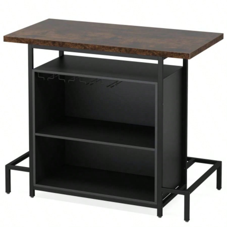 48x 20 Industrial Home Bar Unit with 3 - Tier Storage 4 Wine Glass Racks - Rustic Pub Table, Liquor Bar Cabinet with Footrest Kitchen, Living Room, Bistro, Home Pub - Black Brown
