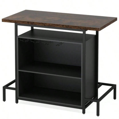 48x 20 Industrial Home Bar Unit with 3 - Tier Storage 4 Wine Glass Racks - Rustic Pub Table, Liquor Bar Cabinet with Footrest Kitchen, Living Room, Bistro, Home Pub - Black Brown