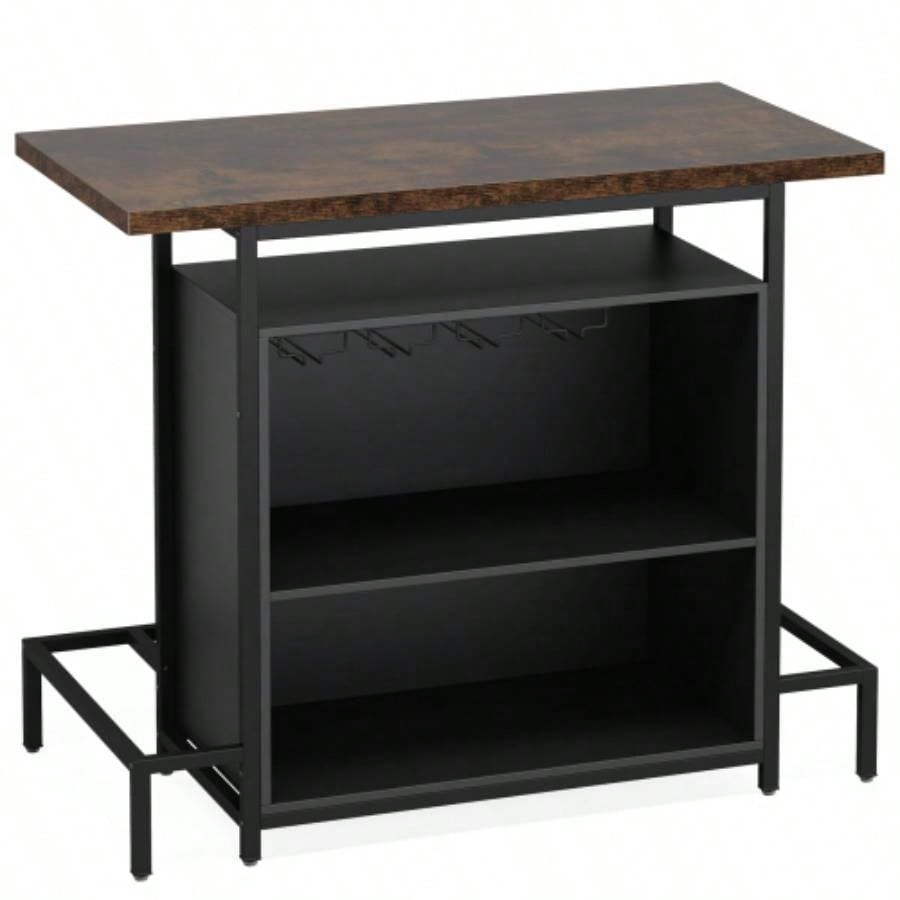48x 20 Industrial Home Bar Unit with 3 - Tier Storage 4 Wine Glass Racks - Rustic Pub Table, Liquor Bar Cabinet with Footrest Kitchen, Living Room, Bistro, Home Pub - Black Brown