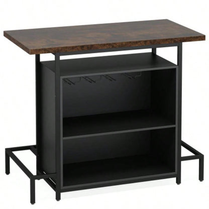 48x 20 Industrial Home Bar Unit with 3 - Tier Storage 4 Wine Glass Racks - Rustic Pub Table, Liquor Bar Cabinet with Footrest Kitchen, Living Room, Bistro, Home Pub - Black Brown