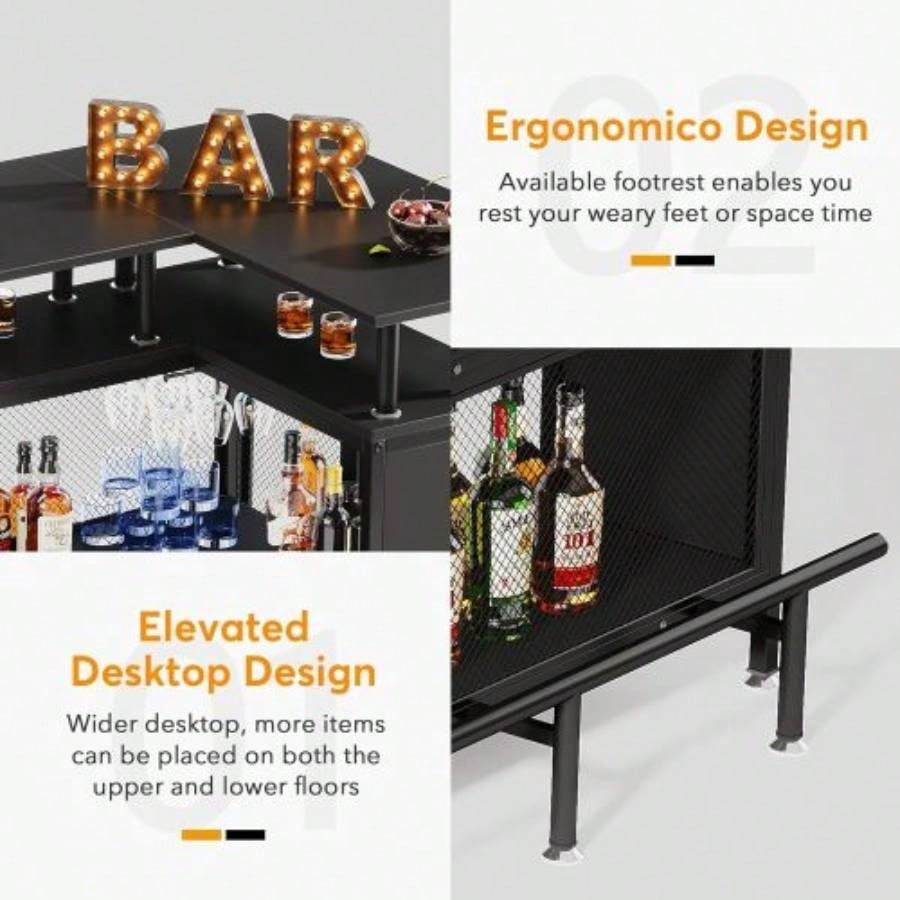 36x 48 L - Shaped Home Bar Unit with Footrest - Modern Corner Liquor Cabinet with 2 - Tier Shelves Glass Racks, Industrial Black Bar Table Home, Kitchen, or Pub