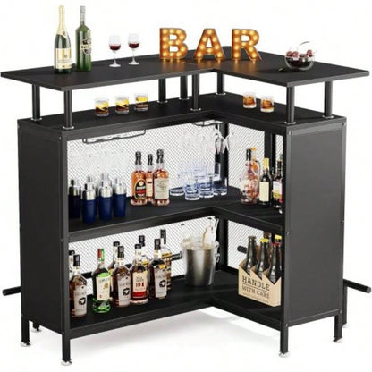 36x 48 L - Shaped Home Bar Unit with Footrest - Modern Corner Liquor Cabinet with 2 - Tier Shelves Glass Racks, Industrial Black Bar Table Home, Kitchen, or Pub