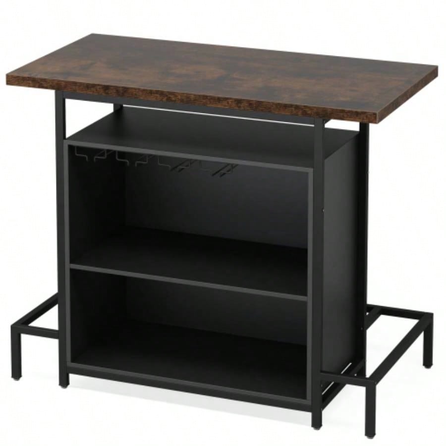 48x 20 Industrial Home Bar Unit with 3 - Tier Storage 4 Wine Glass Racks - Rustic Pub Table, Liquor Bar Cabinet with Footrest Kitchen, Living Room, Bistro, Home Pub - Black Brown