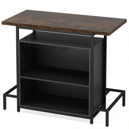 48x 20 Industrial Home Bar Unit with 3 - Tier Storage 4 Wine Glass Racks - Rustic Pub Table, Liquor Bar Cabinet with Footrest Kitchen, Living Room, Bistro, Home Pub - Black Brown