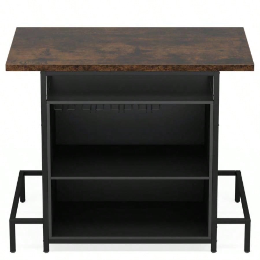 48x 20 Industrial Home Bar Unit with 3 - Tier Storage 4 Wine Glass Racks - Rustic Pub Table, Liquor Bar Cabinet with Footrest Kitchen, Living Room, Bistro, Home Pub - Black Brown