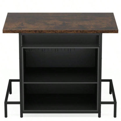 48x 20 Industrial Home Bar Unit with 3 - Tier Storage 4 Wine Glass Racks - Rustic Pub Table, Liquor Bar Cabinet with Footrest Kitchen, Living Room, Bistro, Home Pub - Black Brown