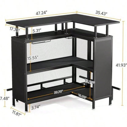 36x 48 L - Shaped Home Bar Unit with Footrest - Modern Corner Liquor Cabinet with 2 - Tier Shelves Glass Racks, Industrial Black Bar Table Home, Kitchen, or Pub