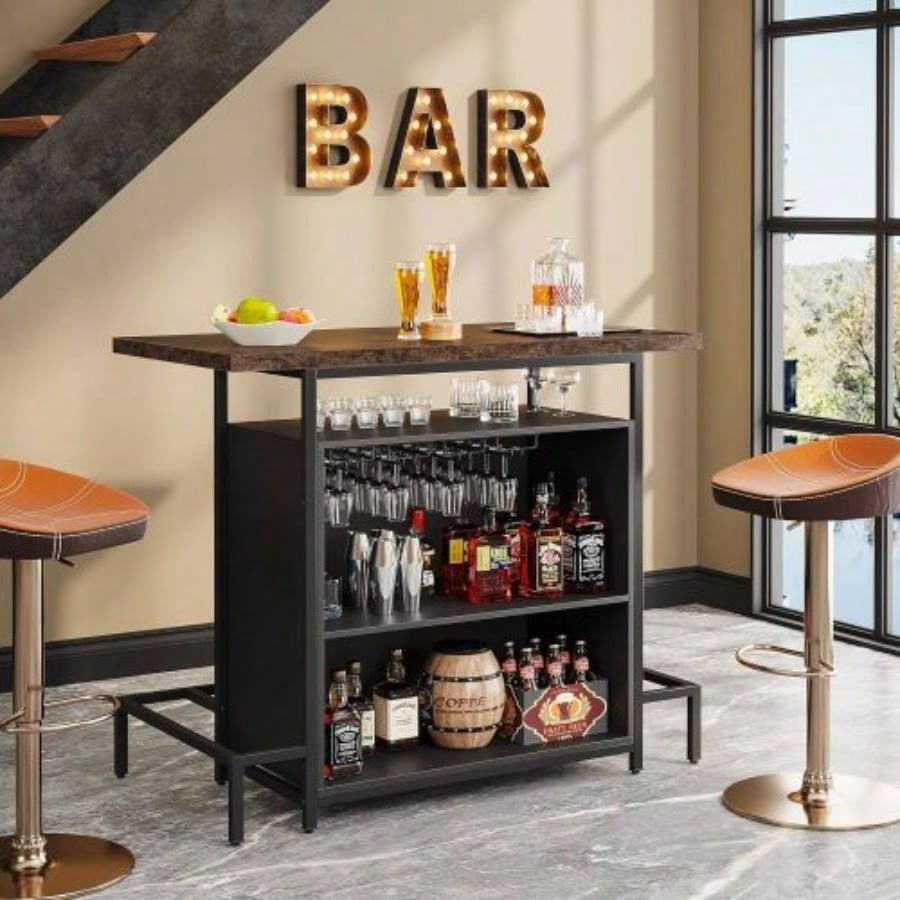 48x 20 Industrial Home Bar Unit with 3 - Tier Storage 4 Wine Glass Racks - Rustic Pub Table, Liquor Bar Cabinet with Footrest Kitchen, Living Room, Bistro, Home Pub - Black Brown