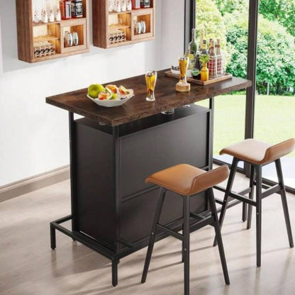 48x 20 Industrial Home Bar Unit with 3 - Tier Storage 4 Wine Glass Racks - Rustic Pub Table, Liquor Bar Cabinet with Footrest Kitchen, Living Room, Bistro, Home Pub - Black Brown