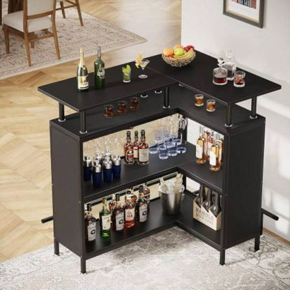 36x 48 L - Shaped Home Bar Unit with Footrest - Modern Corner Liquor Cabinet with 2 - Tier Shelves Glass Racks, Industrial Black Bar Table Home, Kitchen, or Pub